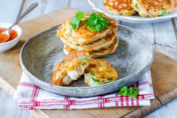 Prawn and sweetcorn fritters with sweet chilli sauce