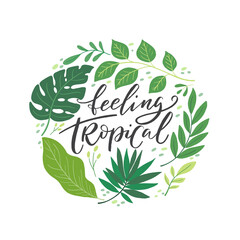 Summer greeting card with palm, monstera, tropical leaves and lettering