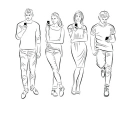 Young people standing by the wall, looking at the phone. Vector illustration of people.