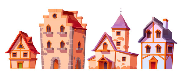 Naklejka premium Medieval buildings, house town architecture. Dwelling construction antique cottages with stone walls and wooden roofs front view isolated on white background. Housing exterior, cartoon vector set
