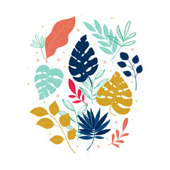 Summer greeting card with palm, monstera, tropical leaves.