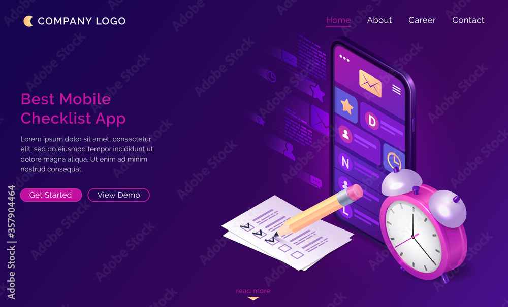 Poster checklist isometric landing page, pen put mark on check list document at smartphone with message mob
