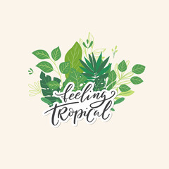 Summer greeting card with palm, monstera, tropical leaves and lettering