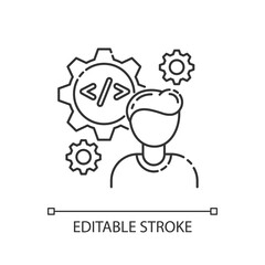 Software engineer pixel perfect linear icon. Programmer work on responsive algorithm. Thin line customizable illustration. Contour symbol. Vector isolated outline drawing. Editable stroke