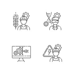 Engineering career type pixel perfect linear icons set. Agricultural production specialist. Customizable thin line contour symbols. Isolated vector outline illustrations. Editable stroke