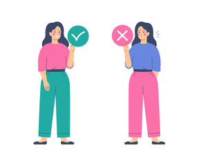 Women hold circles with accept and reject marks. Yes and No concept. Vector illustration