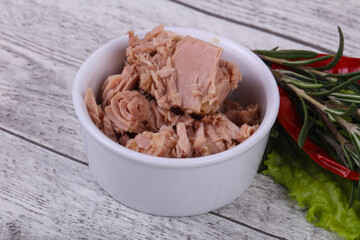 Tasty canned tuna fish in the bowl