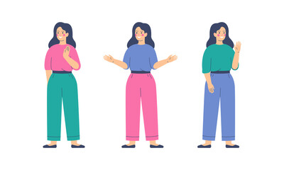 Friendly Girls is greeting gesture. Young woman waving hand and saying hello or goodbye. Flat vector illustration