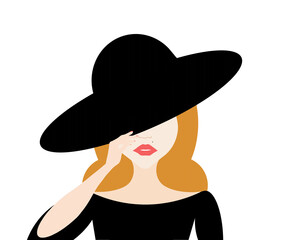 portrait of caucassian woman, elegant with hat, white background