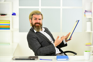 Man bearded boss sit office. Manager solving business problems. Businessman in charge successful...