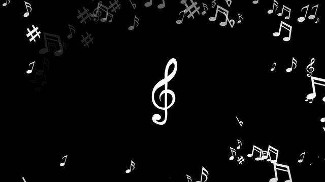 Musical Clef floating with notes spinning around Black background