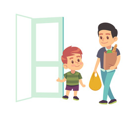 Kids good manners. Boy helping adult. Polite kid with good manners opening the door to man. Etiquette concept. cartoon flat vector illustration