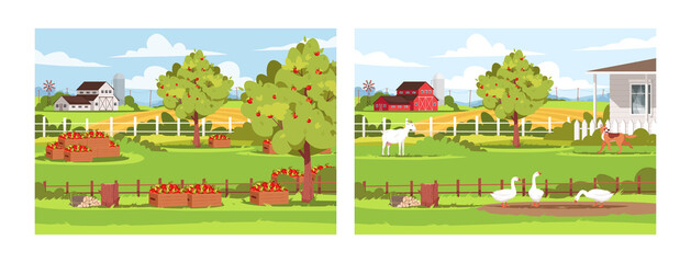 Daytime farm semi flat vector illustration set. Fresh apple harvest, livestock and poultry. Garden outside ranch. Rural lifestyle, summer greenery. Farmland 2D cartoon landscape for commercial use