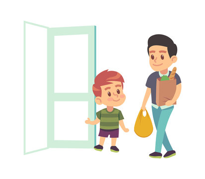 Kids Good Manners. Boy Helping Adult. Polite Kid With Good Manners Opening The Door To Man. Etiquette Concept. Cartoon Flat Vector Illustration