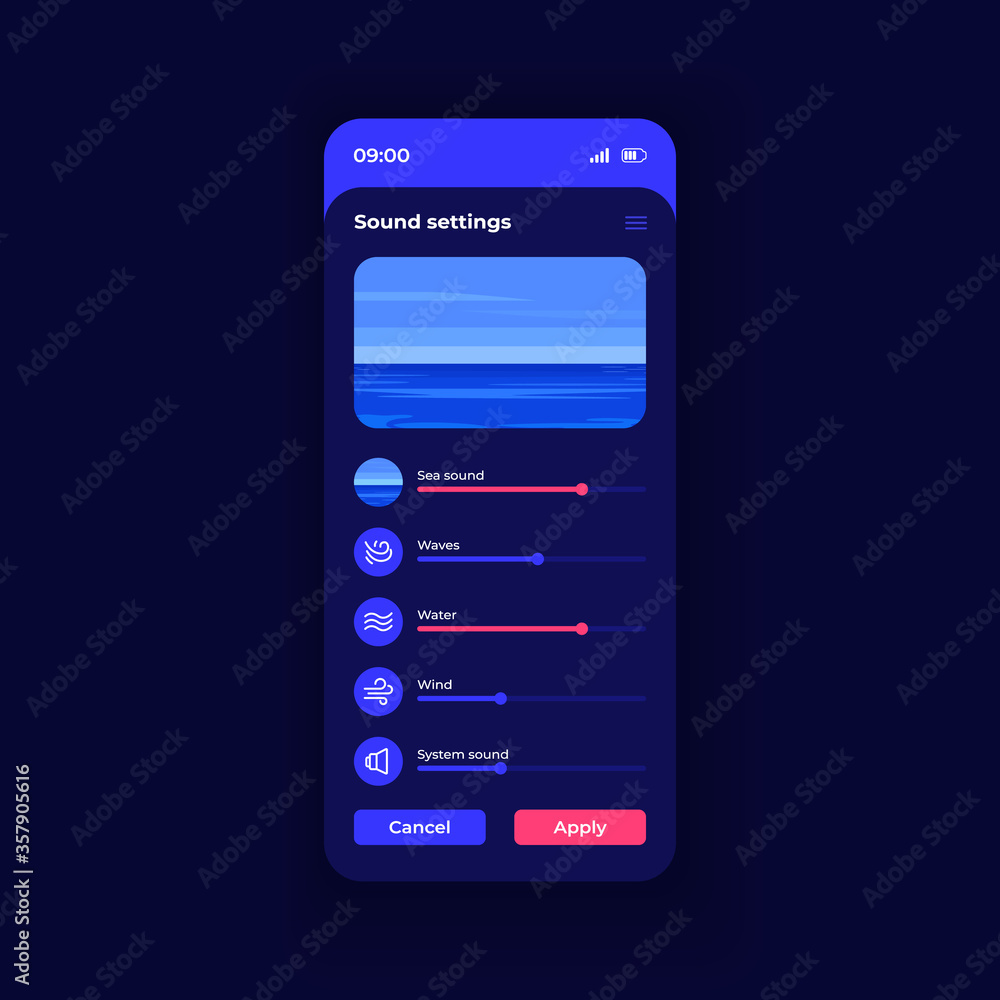 Poster nature sound settings app smartphone interface vector template. mobile app page night theme design l