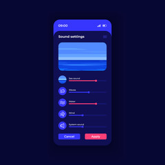 Nature sound settings app smartphone interface vector template. Mobile app page night theme design layout. Audio player options menu screen. Flat UI for application. Adjustments on phone display