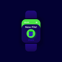 New file smartwatch interface vector template. Mobile app notification night mode design. Document manager message screen. Flat UI for application. File directory. Smart watch display