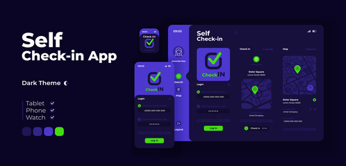 City check in app screen vector adaptive design template. Navigation and visited places sharing application night mode interface with flat illustrations. Smartphone, tablet, smart watch cartoon UI