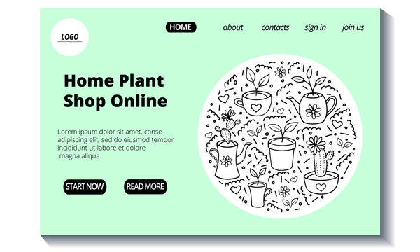 Web page template for online shop of home plants. Hand drawn doodle houseplants. Stock modern sketch vector illustration concept for landing page. Website design easy to edit and customize.