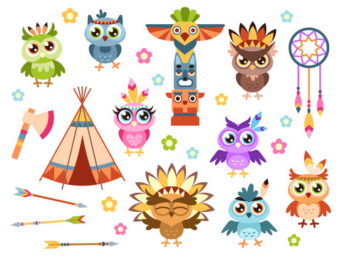 Tribal owls. Cute indian owl characters with ethnic ornament and feathers colored pattern tribal birds, kids cartoon vector set