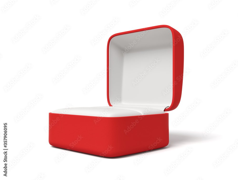 Poster 3d close-up rendering of open empty red ring box on white background.