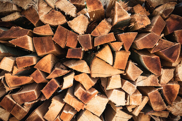 Closeup shot of firewood pile found in Lower Austria. June 2020.