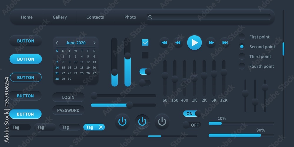 Aufkleber black user interface. modern ui elements switches, bars, power buttons and sliders, media display ve