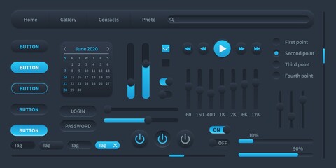 Black user interface. Modern ui elements switches, bars, power buttons and sliders, media display vector illustration