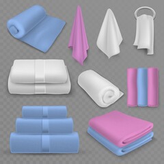 Towel stack. Luxury stacked towels, rolled and hanging for bathroom or spa, beach or kitchen, soft textile hygiene item realistic vector set