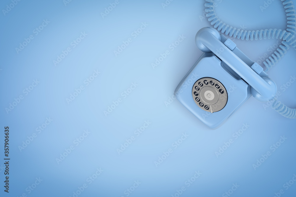 Poster 3d rendering of light blue landline phone viewed from above standing on blue background of the same 
