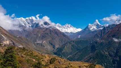 Fototapeta na wymiar mountain landscape with blue sky, Khumbu Valley, Nepal