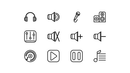 Set of music player vector line icons. Headphones, sound, microphone, speaker, equalizer, playlist and more.