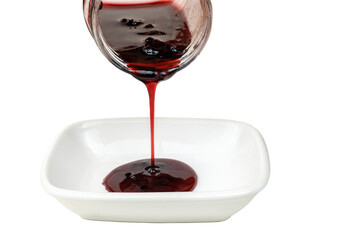 Blackberry jam is pouring from the glass can in to the porcelain plate