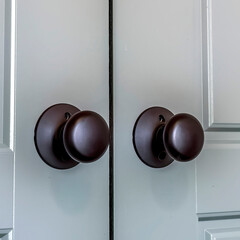 Square Matte black round door knobs of a double door with paneling inside a home