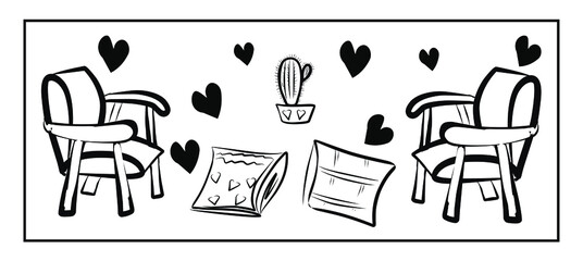 Painting with a set of isolated images of furniture and household items on a  white background. Refrigerator, lamps, chandeliers, floor lamp, chests of drawers, cabinet, shelf, pillows, chairs.