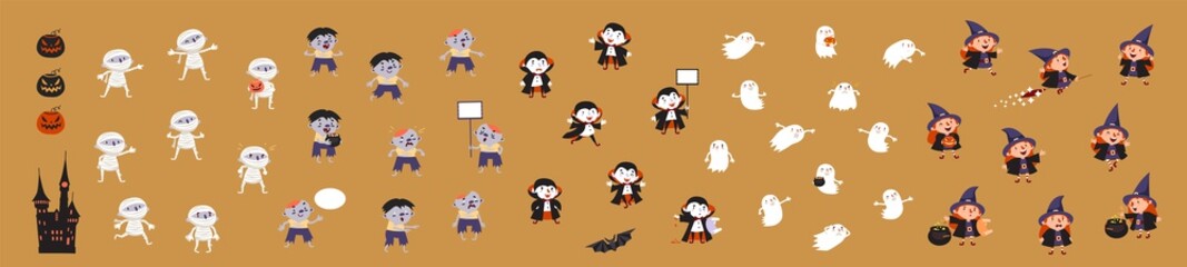 Halloween set witch, ghost, zombie, vampire, mummy, bat, pumpkin, isolated vector