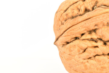 Ripe tasty, organic walnut, close-up, on a white background.
