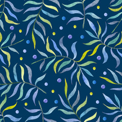 Vector watercolor tropical seamless pattern with palm leaves and dots on blue background