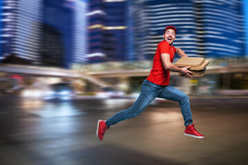 Courier runs fast to deliver quickly pizzas. Cyan background
