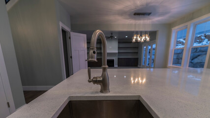 Panorama crop Modern kitchen interior with stone counters interior