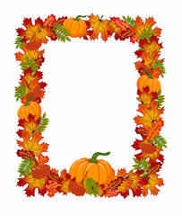 Naklejka na ściany i meble Autumn frame with pumpkin, colorful orange/red fall leaves and rowan branch. Fall season border with copy space for text, floral background for design greeting card and Thanksgiving day decoration.