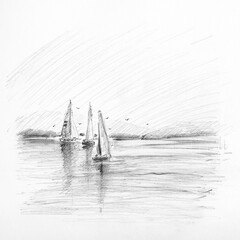 Pencil (Charcoal) drawing, Sailing concept.
