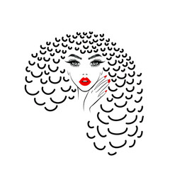 Beautiful sexy face, red lips, hand with red manicure nails, fashion woman, element design, nails studio, curly hairstyle, hair salon sign, icon. Beauty Logo. Vector illustration. Hand drawing style.