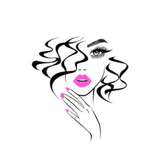 Beautiful sexy face, red lips, hand with red manicure nails, fashion woman, element design, nails studio, curly hairstyle, hair salon sign, icon. Beauty Logo. Vector illustration. Hand drawing style.