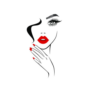 Beauty logo, beautiful woman face, sexy red lips, eyelash extensions, fashion woman, hand with red manicure nails, hair salon sign, icon. Vector illustration.