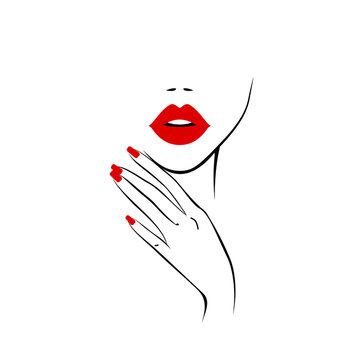 Beautiful sexy red lips, hand with red manicure nails, element design, nails studio. Beauty Logo. Vector illustration