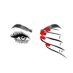 Woman hand with red manicure nails closing one eye, eyelashes mascara, perfect shape brows, logo beauty salon, hand drawn style, vector illustration.