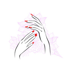 Obraz na płótnie Canvas Hand with red manicure nails. Beauty Logo, nails art. Vector illustration, diadem flowers, butterflies, abstract flowers, spa salon, sign, symbol, nails studio.