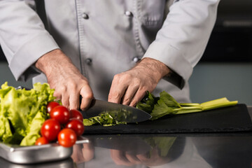 Chef hands cut vegetables at kitchen table. Closeup hands cut celery with knife.