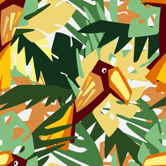 Modern seamless vector design tropical colourful pattern with decorative abstract palm trees and toucans in rainforest. Can be used for printing on paper, stickers, badges, bijouterie, cards, textiles